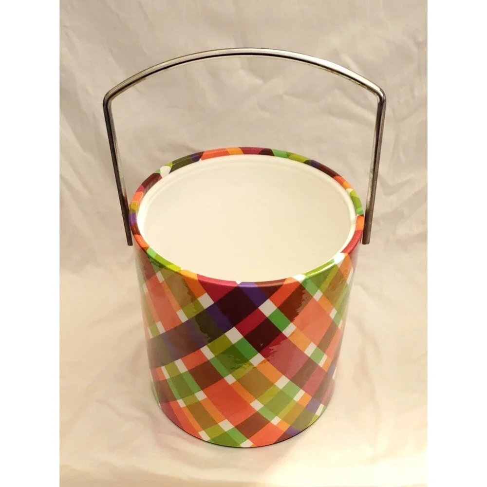 Colorful Plaid Ice Bucket With Lid & Handle Mid Century Style Retro Design Neon